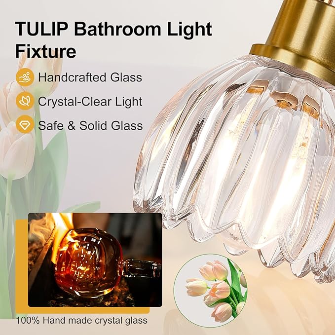 4-Light Bathroom Light Fixtures, 27" Brushed Gold Vanity Lights for Bathroom with Ribbed Clear Tulip Glass Shade, Vintage Bathroom Vanity Lighting Fixtures Over Mirror for Bedroom Living Room Hallway