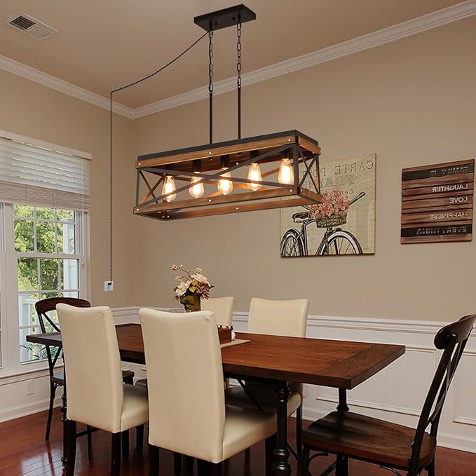 Rustic Farmhouse Plug in Kitchen Island Lighting, 5 Lights Rectangular Pendant Light Fixture with Adjustable Chain, Dimmable Switch, Oak Wood and Metal Linear Chandelier for Dining Room Home, Black