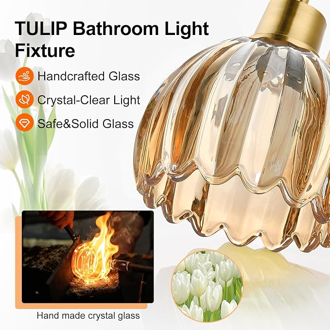Bathroom Light Fixtures, 2-Light Brushed Gold Vanity Lights for Bathroom with Ribbed Amber Tulip Glass Shade, Vanity Lights Over Mirror for Bedroom, Living Room, Hallway