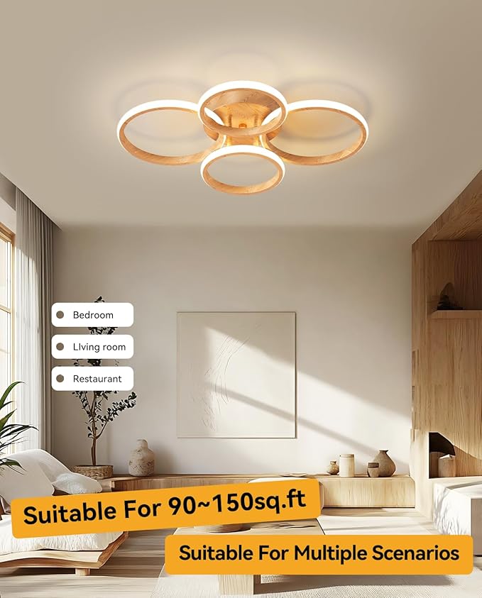 Dimmable LED Semi Flush Mount Ceiling Light Fixture with Remote Control 3-Color Dimming Circle Modern Light, Close to Ceiling Bedroom Kitchen Hallways Balcony Corridor Lamp (4 Ring LightWood)