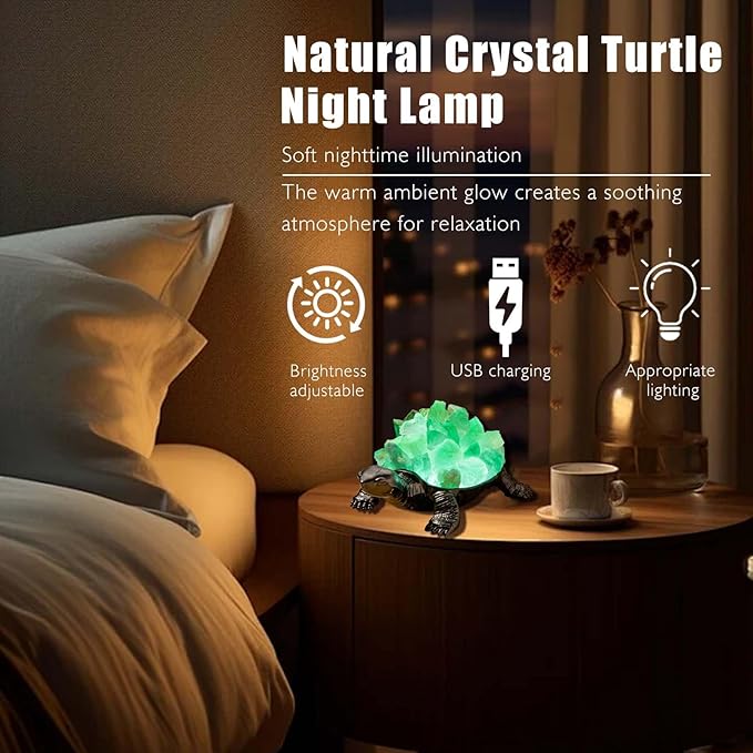 Runyangshi Natural Green Fluorite Turtle Night Lamp Healing Crystal Bedroom Bedside Table Lamp USB Port Home Decoration Women Men Decor Gift
