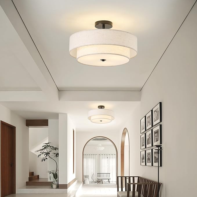 17.7" Close to Ceiling Light Fixtures, Black Semi Flush Mount Ceiling Light Fixtures with 2-Tier Drum Fabric Lamp Shade, Modern Ceiling Light Fixtures Flush Mount for Bedroom Hallway Nursery
