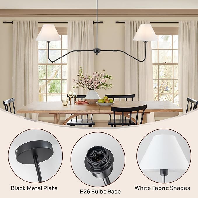 2-Light Modern Linear Chandelier for Dining Room, 55 Inch Farmhouse Kitchen Island Lighting with White Fabric Shades, Hanging Lighting Fixtures for Living Room Bedroom