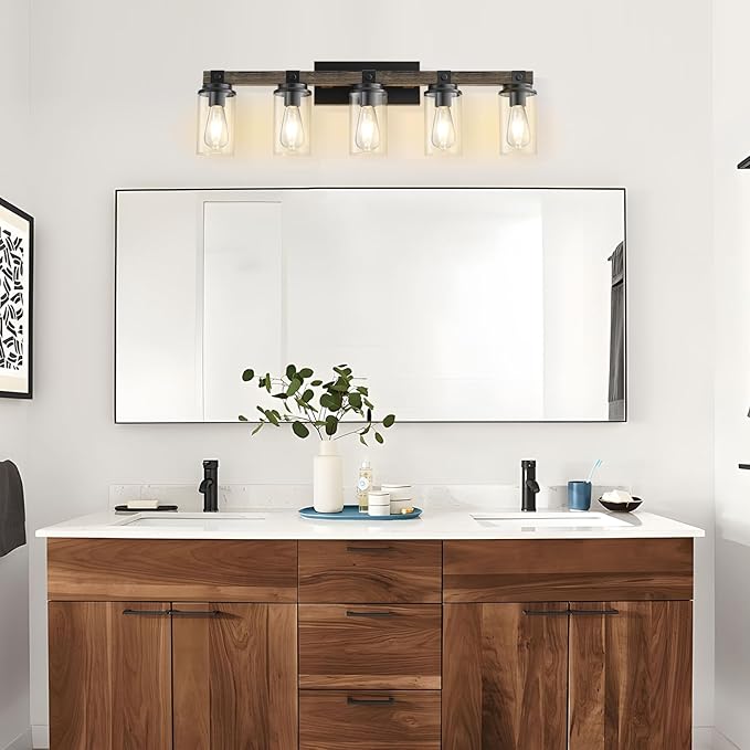 GoYeel Farmhouse Bathroom Vanity Lighting,5 Light Vanity Light Bathroom Lighting Lixtures Over Mirror Wooden with Clear Glass for Hallway Kitchen Sink
