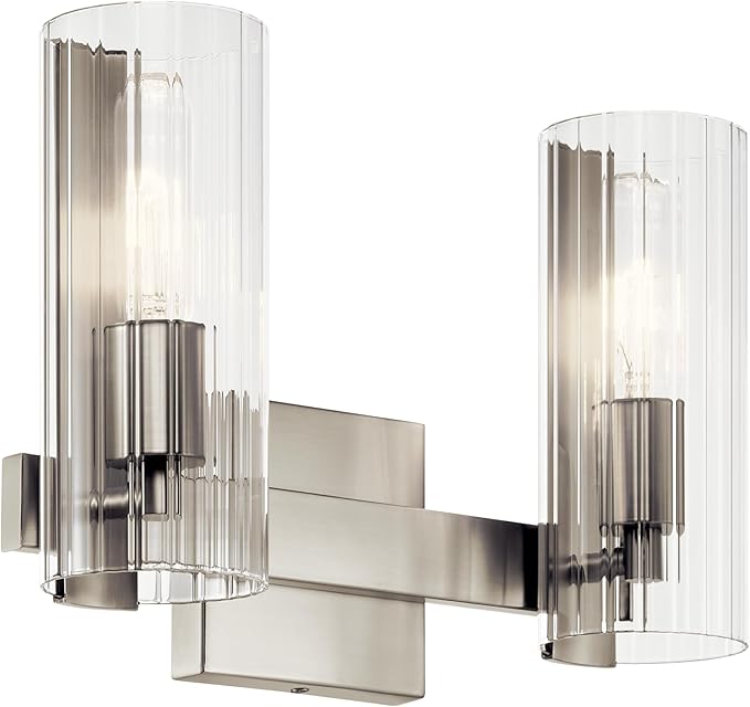 Kichler Jemsa 2-Light Bathroom Vanity Light Fixture with Clear Fluted Glass in Brushed Nickel for Modern Bathroom or Powder Room Over Mirror (9.75" x 13.75"), 55167NI
