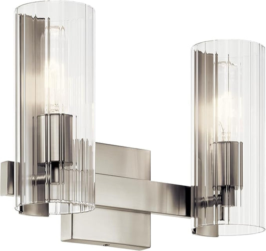 Kichler Jemsa 2-Light Bathroom Vanity Light Fixture with Clear Fluted Glass in Brushed Nickel for Modern Bathroom or Powder Room Over Mirror (9.75" x 13.75"), 55167NI