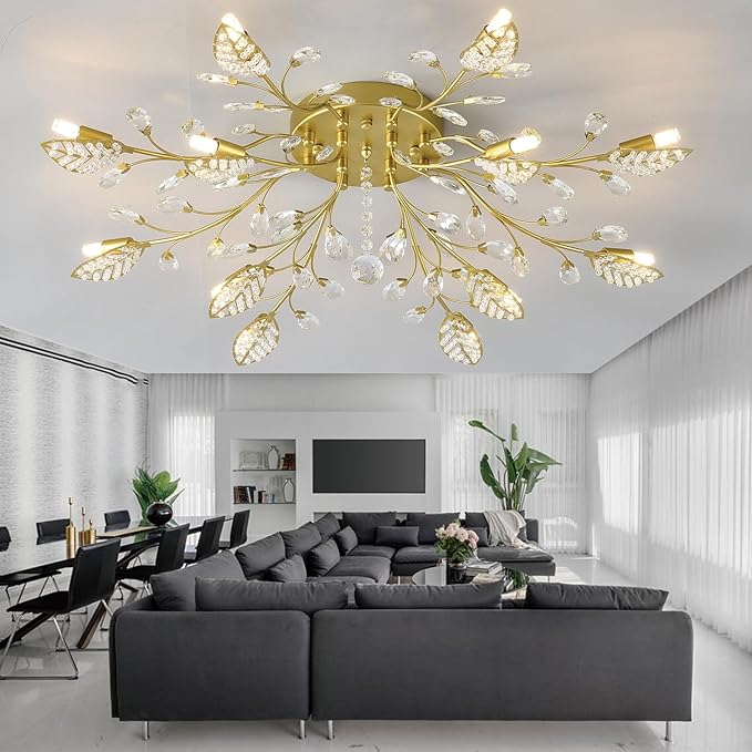 Crystal Flush Mount Ceiling Light,Semi Flush Mount Chandeliers,Crystal Leaf Ceiling Light, Chandeliers for Dining Room,Living Room,Bedroom