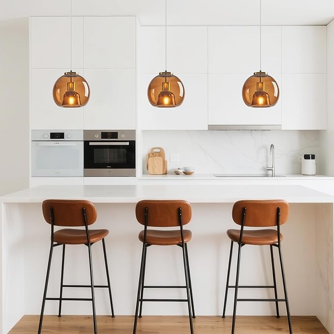 Brown Glass Pendant Lights Kitchen Island Gold Hanging Light Fixture Glass Globe Pendant Light Modern Pendant Lighting for Kitchen Island Bedroom Dining Room (7.87", 3 Pack)