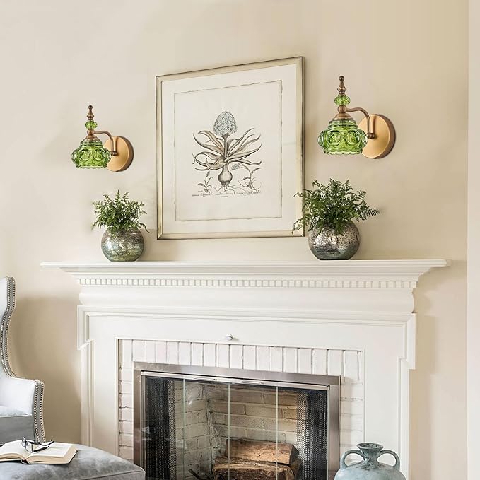 Vintage Wall Sconces Bathroom Vanity Lighting Fixtures Beautiful Wall Light with Green Glass Lampshade for Bedside Bedroom Doorway Bathroom