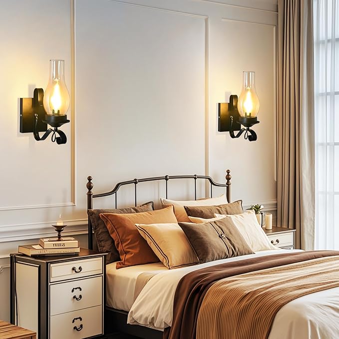 Rustic Wall Sconces Sets of 2, Black Hardwired Farmhouse Wall Sconce Indoor, Retro Wall Lamps with Amber Glass, Vintage Bedside Sconces Wall Lighting Lantern for Living Room Bathroom