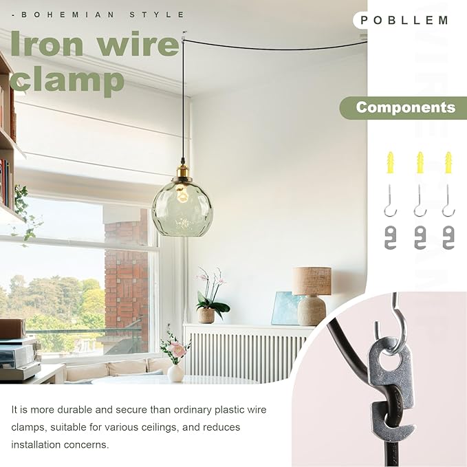 2 Pack Plug in Pendant Light Fixtures, Green Glass Pendant Lights Vintage Hanging Lamps with Hammered Glass Globe, Mid Century Brass Hanging Lights with Plug in Cord for Kitchen Bedroom