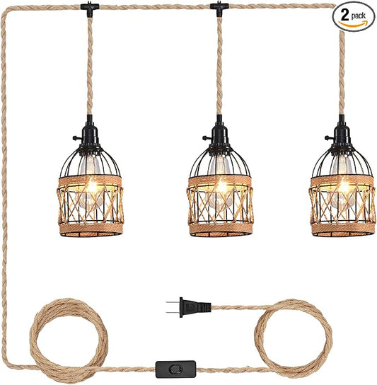3 Light Hemp Rope Plug in Pendant Light Rattan Hanging Lights with Plug in Cord with Woven Lamp Shade, Plug in Cord Hemp Rope Hanging Lamp