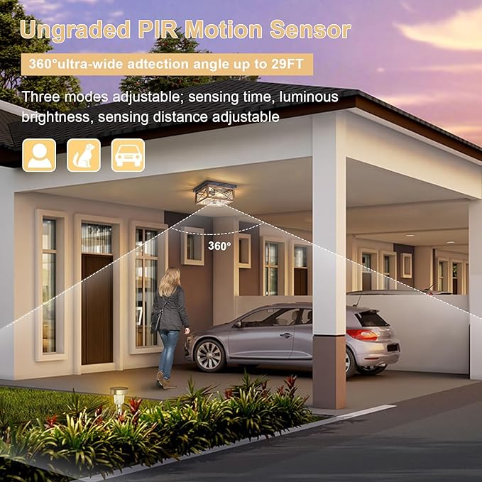 Motion Sensor Outdoor Flush Mount Ceiling Light, Industrial Glass Rustic Wood-Like Finish 2-Light Ceiling Lamp for Porch, Entryway, Garage, Timer and Sensitivity Adjustable (Wood-Like-Square)