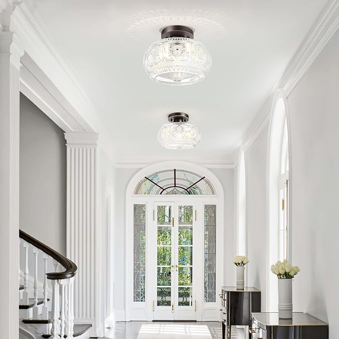 Semi Flush Mount Ceiling Light, Globe Glass Ceiling Light Fixture, Oil Rubbed Bronze with Gold Trim Modern Lighting for Hallway Bedroom Entryway Kitchen Porch, Bulb Not Included
