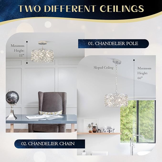 Chrome Crystal Chandelier 4-Light, 12" Modern Round Drum Ceiling Light, Semi Flush Mount Crystal Pendant Fixture for Kitchen Island, Dining Room, Bedroom, Entryway, Hallway