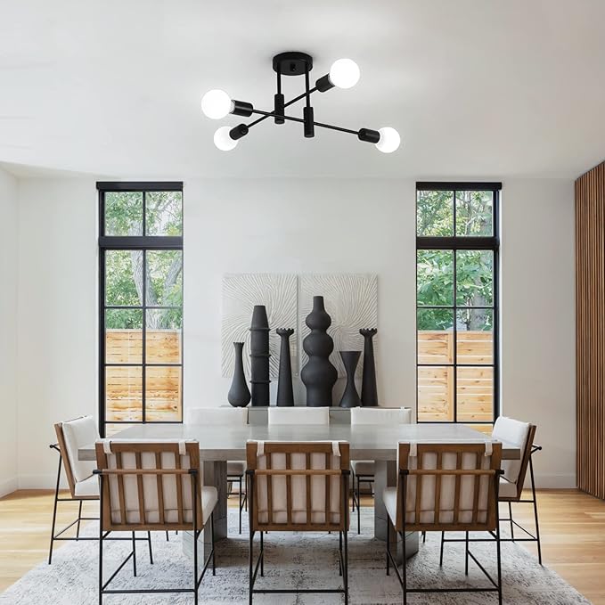 Garwarm Black Semi Flush Mount Ceiling Light Fixture, 4-Light Modern Industrial Sputnik Chandelier Light Fixture, Flush Mount Ceiling Lamp for Kitchen Dining Room Bedroom Foyer Entryway Hallway Closet