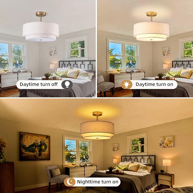 16" Semi Flush Mount Ceiling Light Fixture,Modern Close to Ceiling Light, 3-Lights Gold Drum Ceiling Light with Linen Fabric Shade for Bedroom Living Dining Room Hallway Entryway Foyer