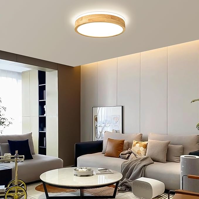 Pevfah Modern Dimmable Wood Flush Mount Ceiling Light, 2700K-6000K 5CCT Round Close to Ceiling Lighting Fixtures, Minimalist LED Ceiling Lamp for Bedroom, Kitchen, Hallway, Living Room-15.74in