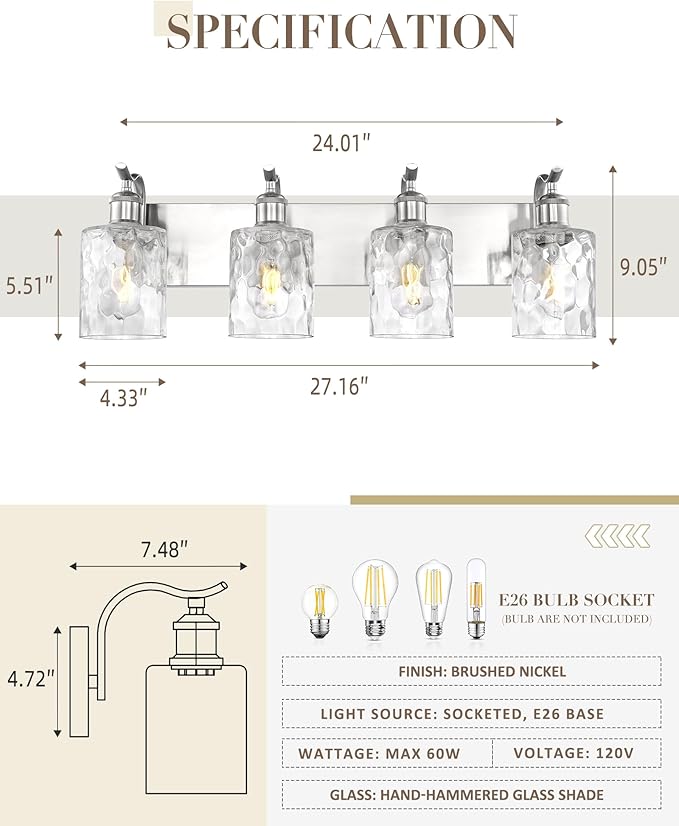 Bathroom Vanity Light Fixtures Over Mirror 4-Light Hammered Glass Wall Mounted Modern Brushed Nickel - VL01BNH-4