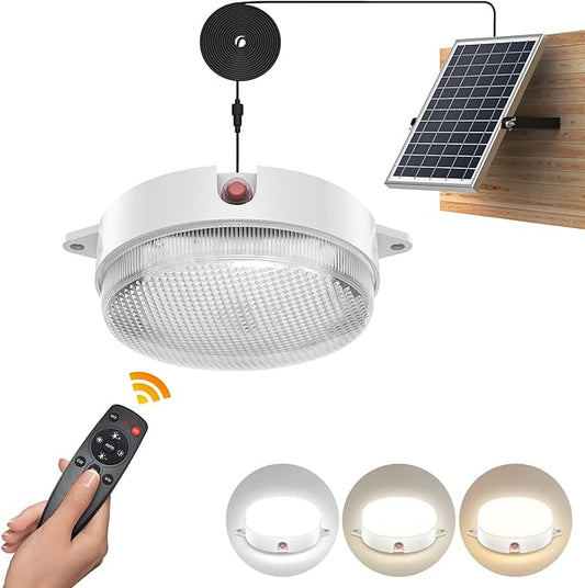 Solar Ceiling Light, Daytime & Night 6000K/4000K/3200K Solar Shed Light with On Off Switch & Remote, Dimmable Waterproof Barn Lights Indoor & Outdoor for Cabin Shelter Hallway Tools Room