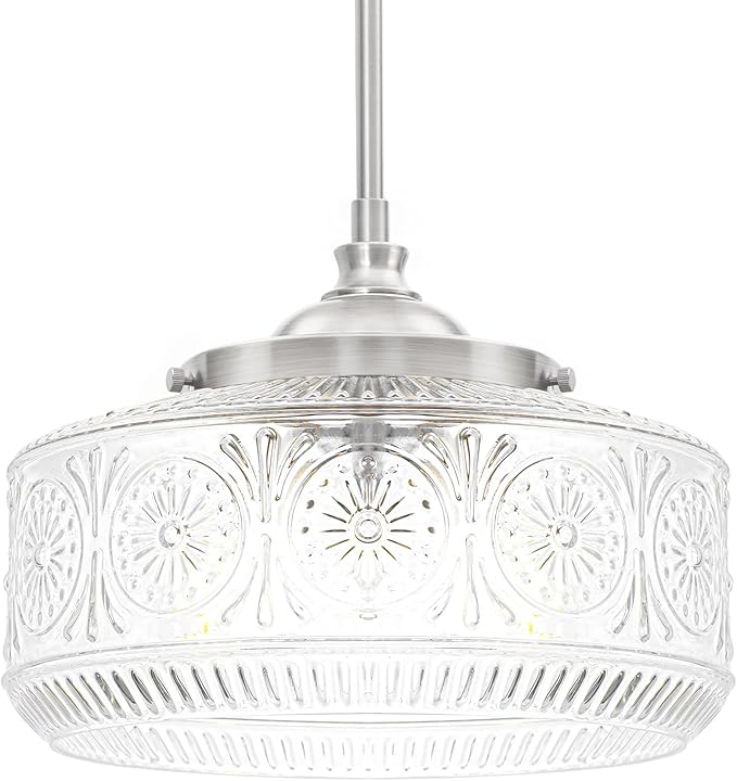 Vintage 3 Lights Drum Pendant Lights Kitchen Island with Etched Glass Shade, Adjustable Height Brushed Nickel Pendant Light for Kitchen Island, Dining Room,Bedroom,Hallway, E12 Base,Bulbs Not Included
