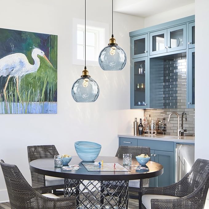 Blue Hanging Lamp Plug in 2 Pack, Hammered Glass Hanging Lights with 14.75Ft Plug in Cord, Globe Pendant Light Plug in Chandelier Ceiling Fixture for Dining Room Kitchen Bedroom