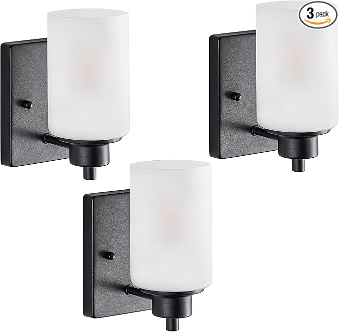 3-Pack Modern Wall Sconces, Indoor Bath Vanity Light Fixture Bathroom for Living Room, Porch, Bedside, Farmhouse Black Finish with White Frosted Glass Shades Wall Mounted Lights