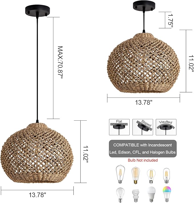 Farmhouse Rattan Pendant Lights 13.8" Wicker Hand-Woven Chandelier Rustic Round Seagrass Hanging Light Fixture for Kitchen Island Bedroom Hallway Entry Living Room Dining Coffee Bar