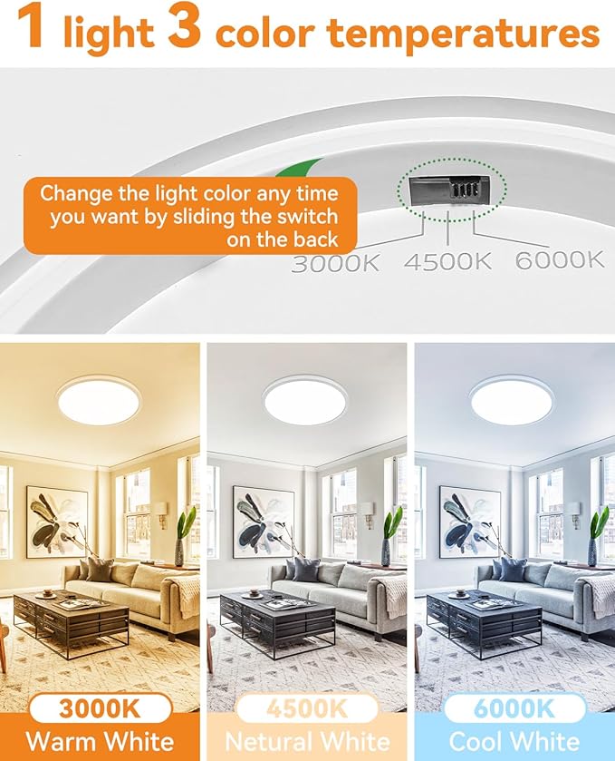 slochi 2PACK LED Flush Mount Ceiling Light Fixture, 12Inch 28W LED Light, Dimmable & 3000K/4500K/6000K 3 Color Adjustable Round Light 3200LM Low Profile Ceiling Light Fixtures for Kitchen Bedroom