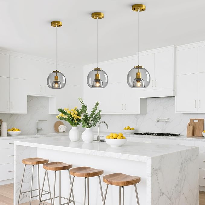 Light Grey Glass Pendant Lights Kitchen Island Gold Hanging Light Fixture Glass Globe Pendant Light Modern Pendant Lighting for Kitchen Island Bedroom Dining Room (7.87", 2 Pack)