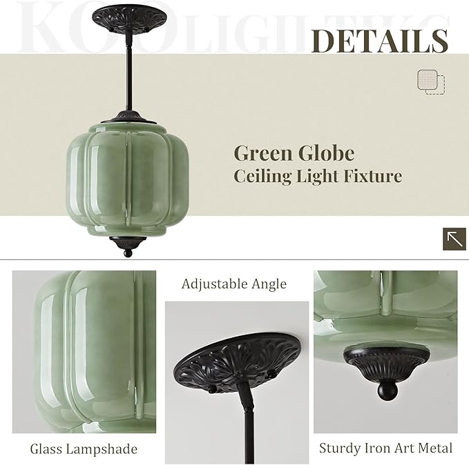 Milk Glass Pendant Light, 9 Inch Green 3 Color Adjustable Mid-Century Ceiling Light Fixture Schoolhouse Hanging Lamp Chandelier for Kitchen Dining Room Hallway Bedroom (Bulbs Included)