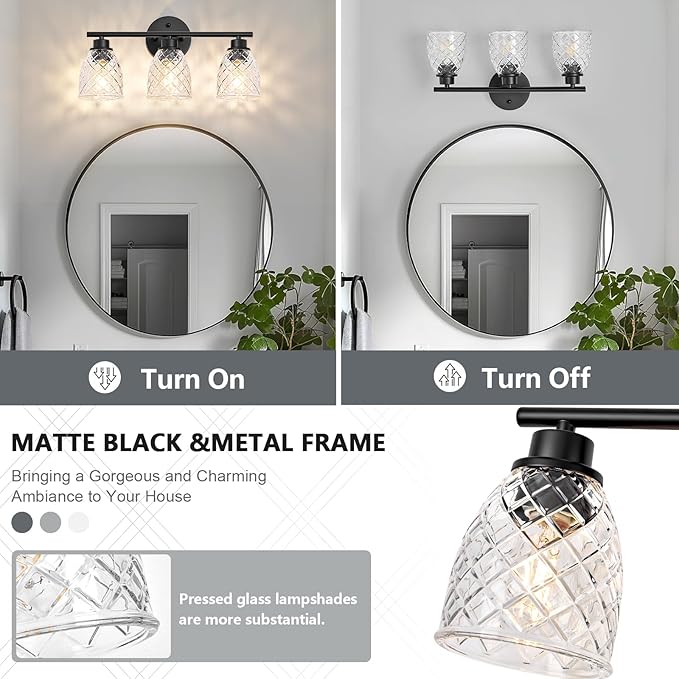 3-Light Bathroom Light Fixtures, Modern Black Vanity Light Over Mirror, Wall Sconce with Clear Hammered Glass Shades, E26 Base (Bulbs Not Included)