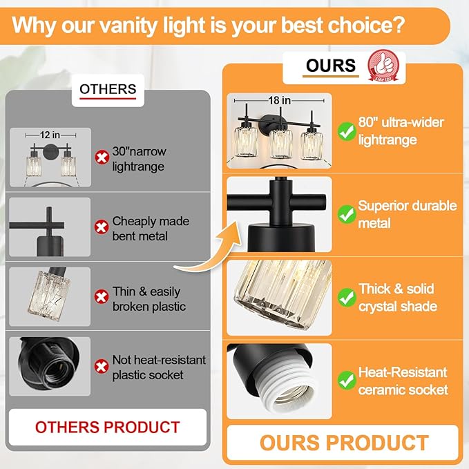 Matte Black Vanity Light, 3-Light Crystal Modern Bathroom Lighting Fixtures Over Mirror, Black Bathroom Vanity Light (Bulbs Not Included)