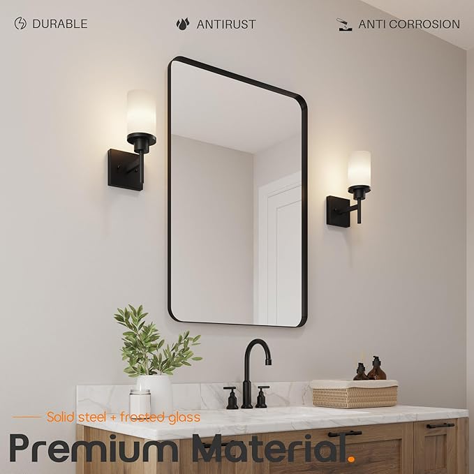 Wall Light Fixtures Matte Black Bathroom Vanity Lights Over Mirror with White Frosted Glass Shade, Wall Lamps for Porch Entrance, 2 Pack T001MB-L1-P2