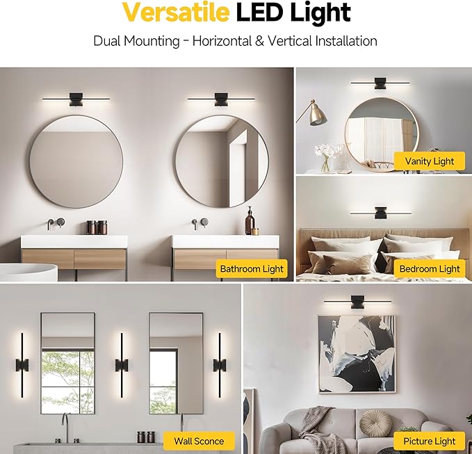Vanity Lights 24 inch, 4-Level Brightness Built-in Dimmer, 14W Dimmable 5CCT Bathroom Light Fixtures Over Mirror, Black Vanity Lights for Bathroom Mirror Cabinets Bedroom-FCC & ETL Certified