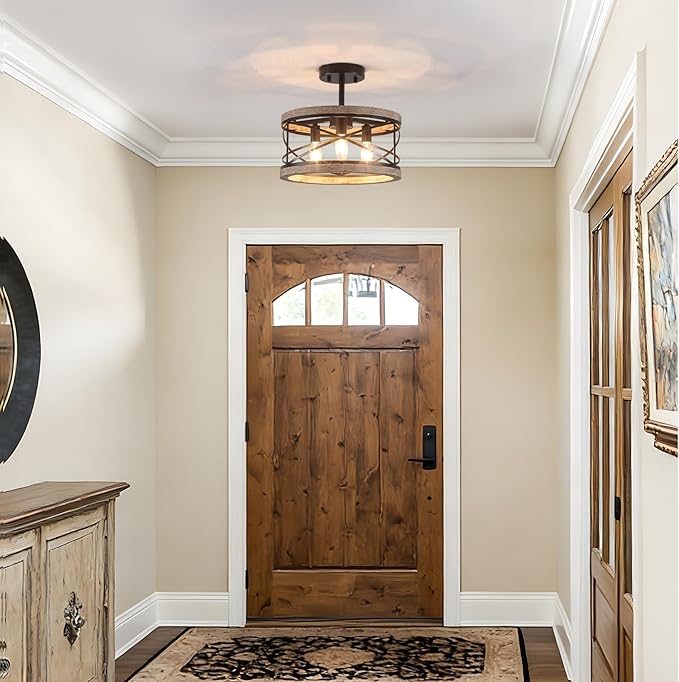 Farmhouse Flush Mount Ceiling Light Fixture, 3-Light Rustic Ceiling Lights Round Drum Metal Industrial Entryway Light Fixture for Hallway Living Room Bathroom Dining Room Kitchen