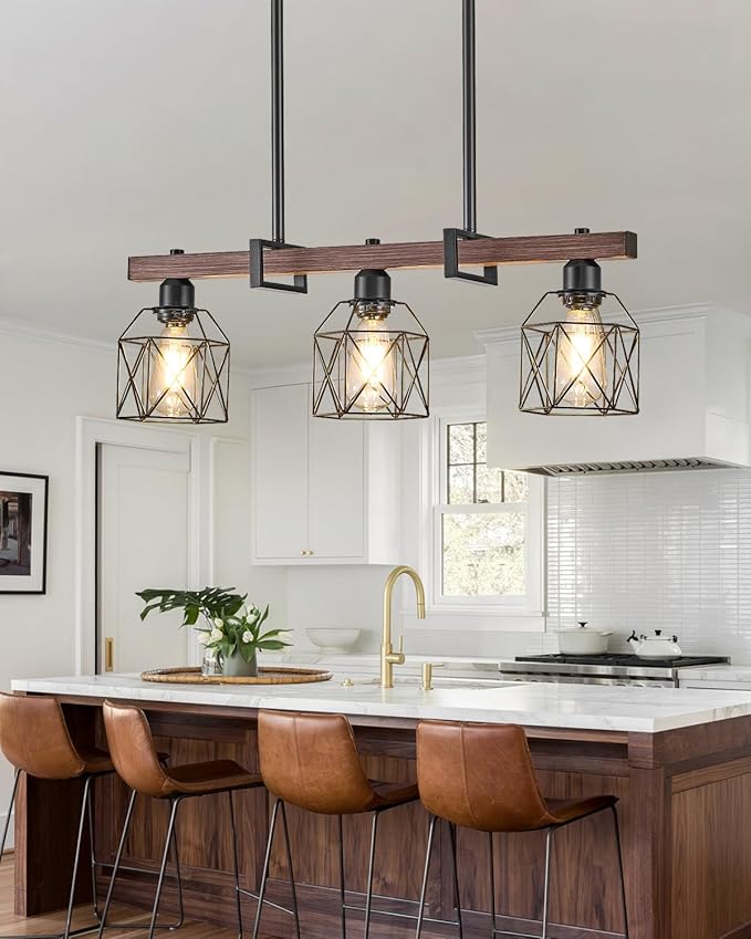 Industrial Pendant Light Fixture, 3-Light Kitchen Island Lighting with Wood Grain Bar and Black Metal Cage, Farmhouse Rustic Hanging Ceiling Lamp for Dining Room, Living Room
