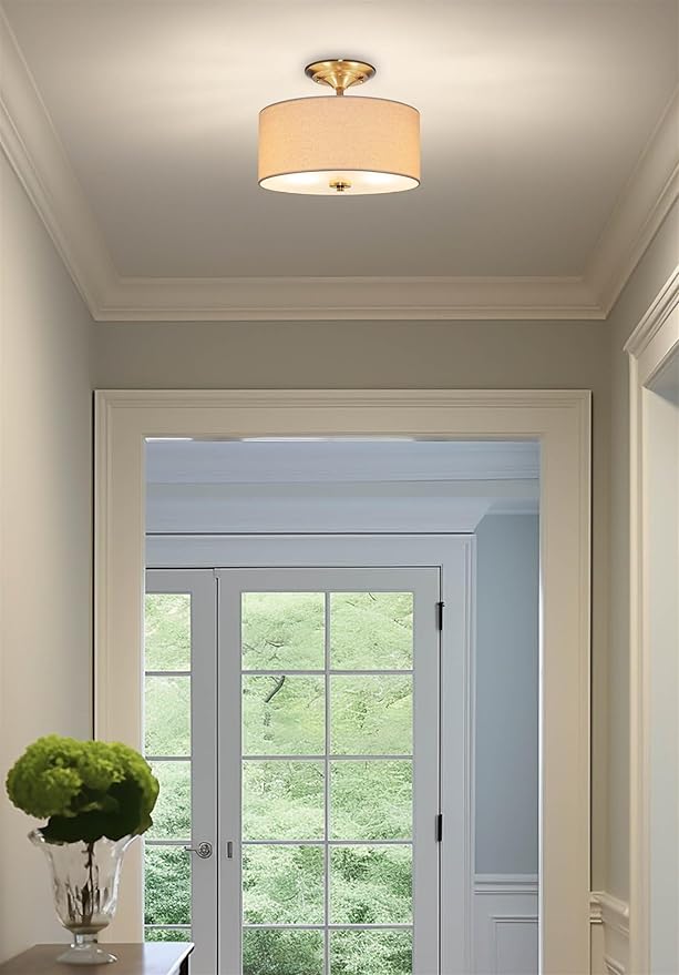 Kira Home Addison 13" Modern Drum Semi Flush Mount with Off-White Fabric Drum Shade, 2-Light Ceiling Light, Cool Brass Finish