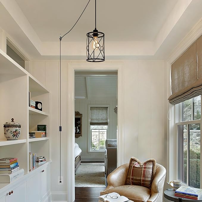 Plug in Industrial 2 Pack Farmhouse Pendant Light, Mini Cage Pendant Lighting in Black Finish with Crystal, Adjustable Length Hanging Light Fixture for Hallway, Bedroom, Living Room, Kitchen