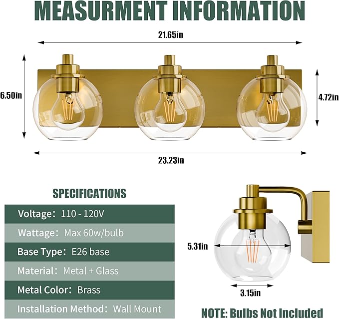 Espird 3 Light Bathroom Light Fixtures-Brushed Gold Bathroom Vanity Lights, Modern Vanity Lights 3-Light Bathroom Lighting Fixtures Over Mirror with Clear Glass Globe Shade