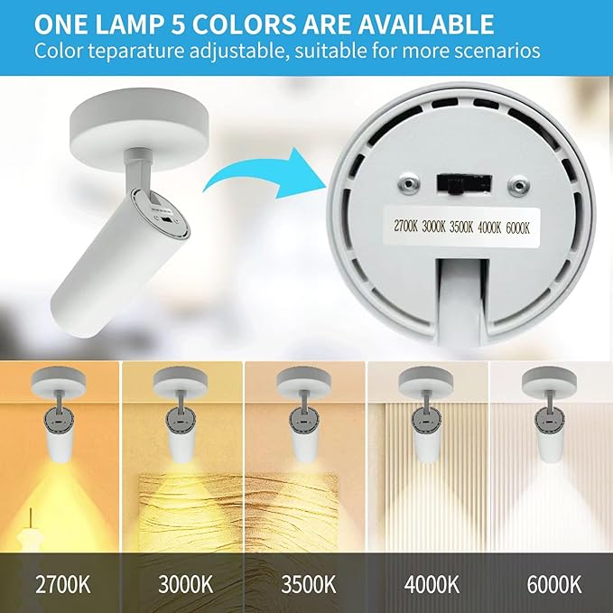 LED Ceiling Spotlight 5CCT 2700K/3000K/3500K/4000K/6000K Selectable Dimmable,Spot Light Indoor Adjustable Flush Mount Lights Fixture 12W CRI 90+, White, 3 Pack Tilt Angle Accent Lighting