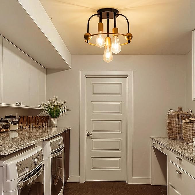 3 Light Industrial Ceiling Light Black Gold Semi Flush Mount Lights Close to Ceiling Light Fixtures,cage design Farmhouse Ceiling Lighting for Kitchen Bedroom Bathroom Foyer Hallway (E26, 1Pack)