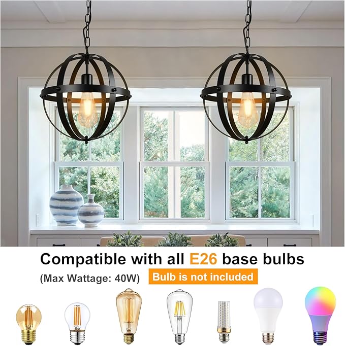 DLLT Vintage Globe Pendant Hanging Light, Matte Black, 1-Light, E26 Base, Ideal for Dining Room, Kitchen Island, Living Room, Home Office