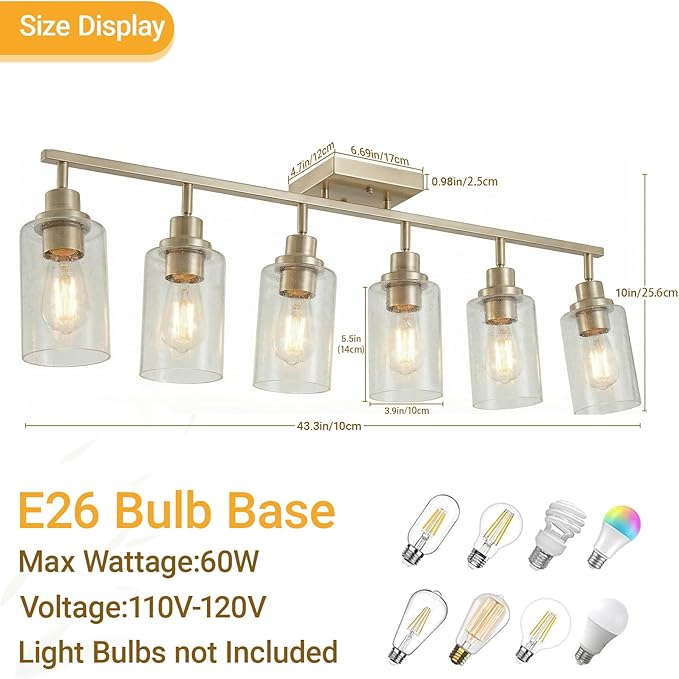 LOUSACE 6-Light Brushed Nickel Track Lighting Fixtures Ceiling Mount Spotlights with Seeded Glass Shade, Modern Bathroom Tracking Vanity Lights for Hallway Kitchen