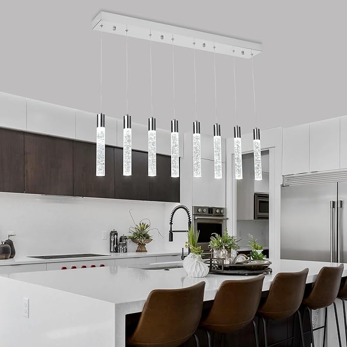 8-Light Chrome Integrated Crystal Pendant Chandelier,Dimmable LED Ceiling Light with Adjustable Height for Kitchen Island, Dining Room & Bedroom 3000K -6000K