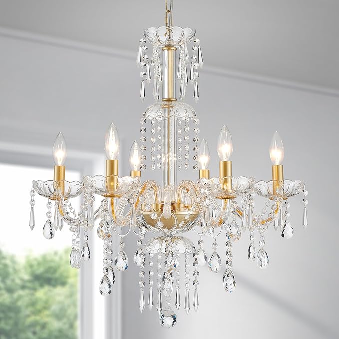 WUZUPS 6-Light Crystal Candle Chandelier Pendant Ceiling Light Modern Lighting Fixture for Bedroom Hallway Bar Kitchen Bathroom, H 25.6" W 24.4", E12 Base, Gold