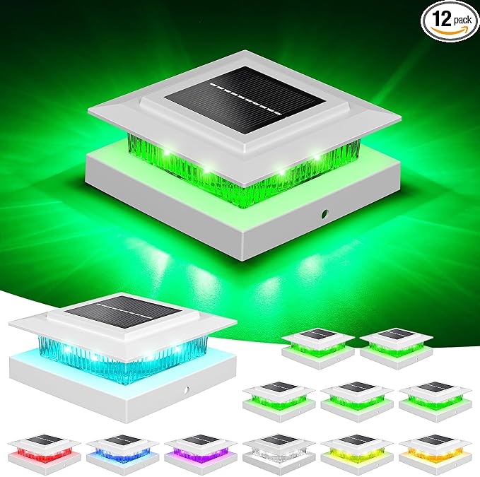 NIORSUN Solar Post Cap Lights Outdoor Waterproof, 4x4 Post Solar Lights RGB Color Changing, Fence Posts Solars Light for Deck Patio Garden Deco, 4x4 Posts Caps Wood Vinyl, 5x5 Vinyl, 12 Pack (White)