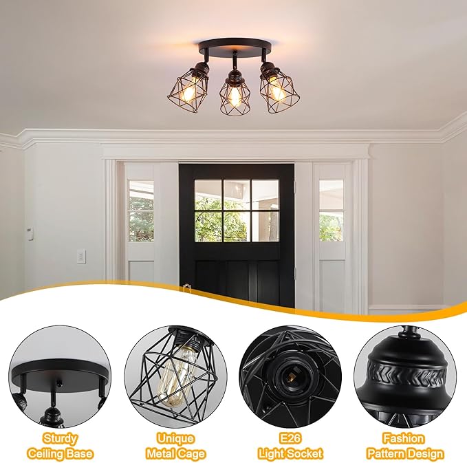 Kitchen Light Fixtures Ceiling Mount, Adjustable Semi Flush Mount Ceiling Light, Multi-Directional Lamp for Kitchen, Hallway, Dining Room, Farmhouse with E26 Base (Black)