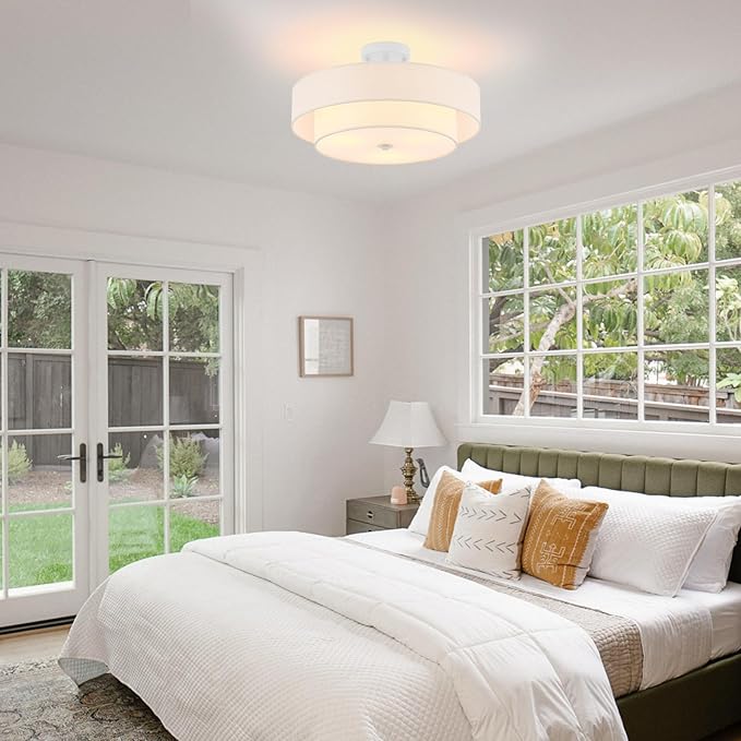 Modern Semi Flush Mount Ceiling Light, 18" Modern White 3-Lights Drum Ceiling Lighting Fixture, Vintage Linen White Ceiling Lamp for Laundry Room, Kitchen, Basement, Dining Room, Bedroom
