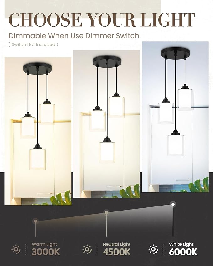 TENGXIN 3 Light Pendant Light,Matte Black Modern Pendant Light for Kitchen Island,Hanging Light with Dual Glass Shade,Farmhouse Pendant Lights for Dining Room,Bedroom,TXPLBK04
